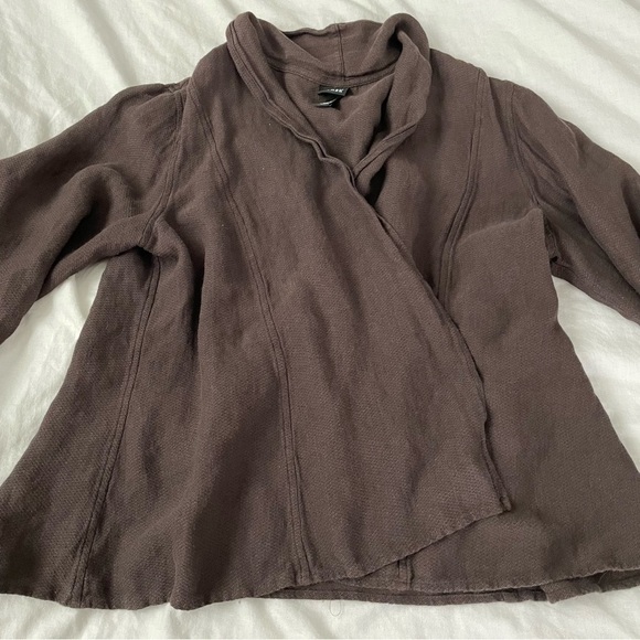 Eileen Fisher XL Cardigan Sweater Dark Brown Linen Blend Long Sleeve Open - Picture 3 of 6